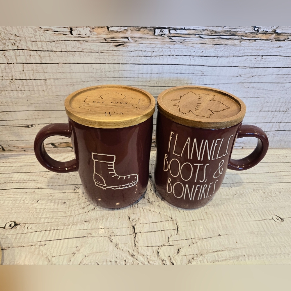 Rae Dunn "Flannels, Boots, & Bonfires" Mug woth wooden topper
